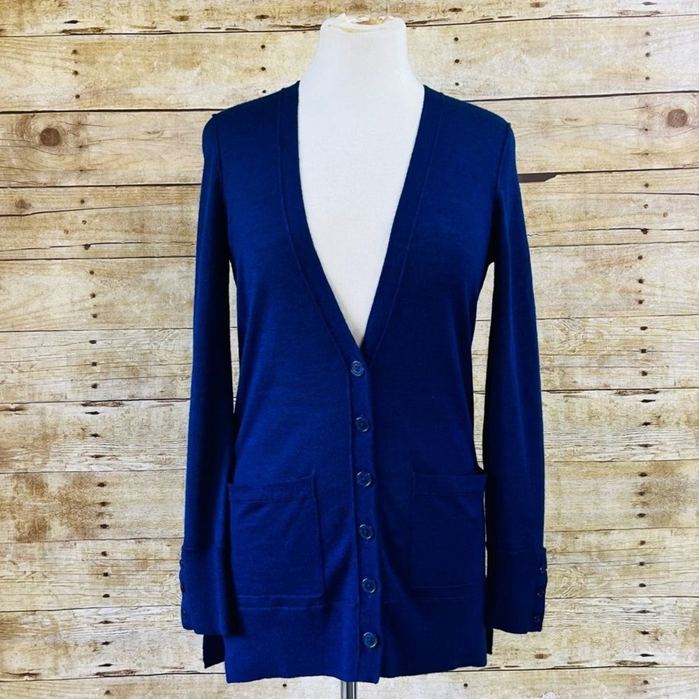 Only Mine Womens XS Blue Merino Wool Blend‎ V-Neck Button Front Cardigan Sweater